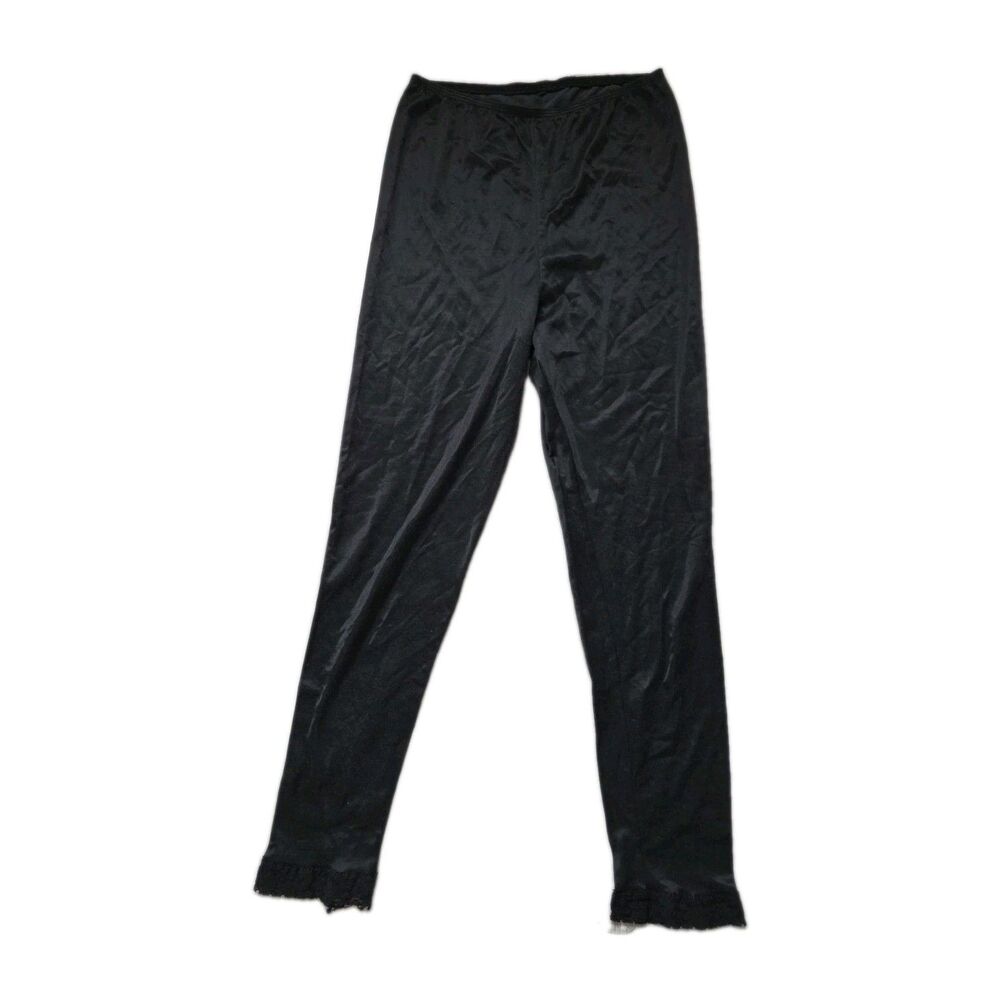 Cuddl Duds Black Satin Lace Trim Leggings Skinny Pants Lightweight Size M GUC